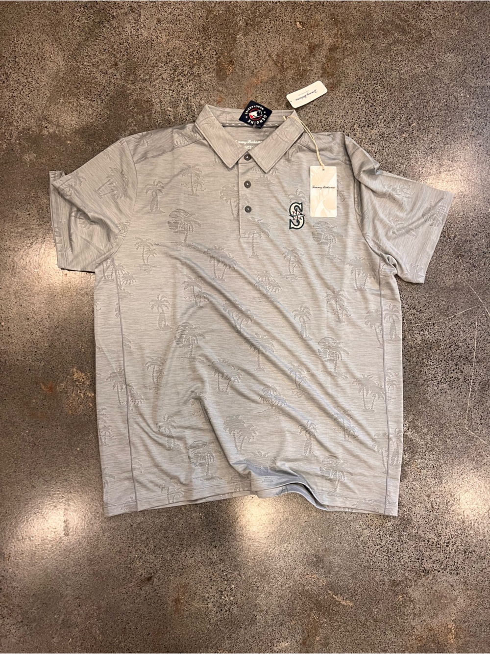 Seattle Mariners Tommy Bahama Men's Silver Gray Palm-Print Polo
